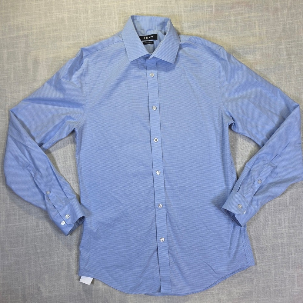 DKNY Mens Blue Micro Grid Slim Fit Stretch Dress Shirt 14.5 32/33 Long Sleeve